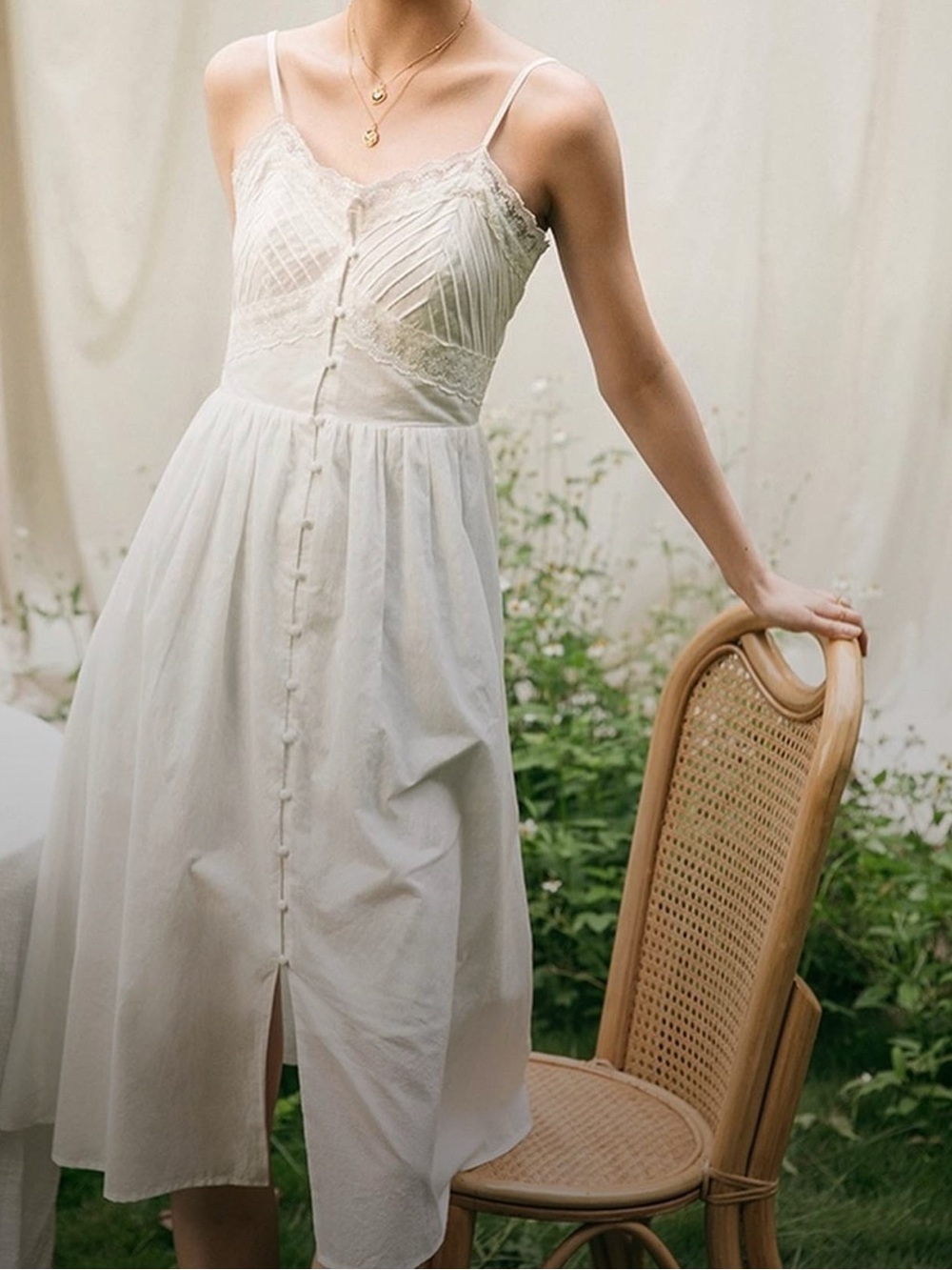 White Lace-Trim Button Front Sundress